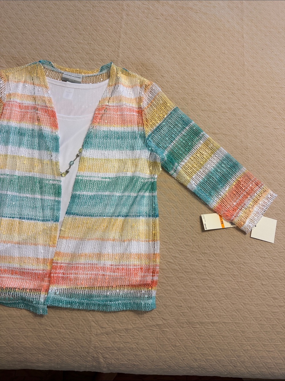 Alfred Dunner Striped Open Cardigan in Teal, Yellow, Coral, White